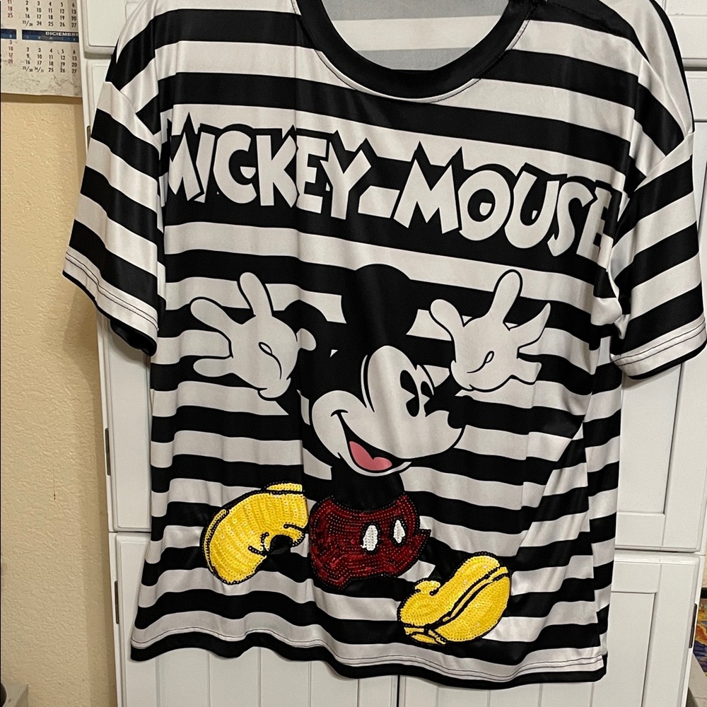 Mickey Mouse Striped Short Sleeve Tee - Black and White
